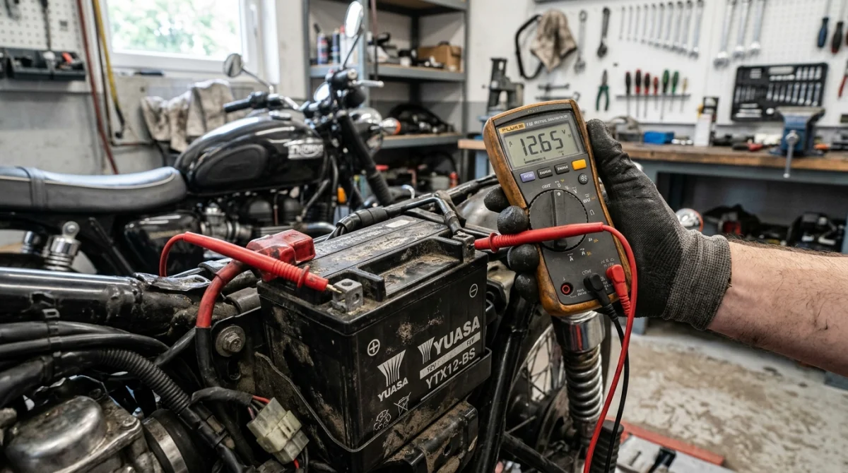 Main avec multimètre testant une batterie de moto, symptômes de batterie HS