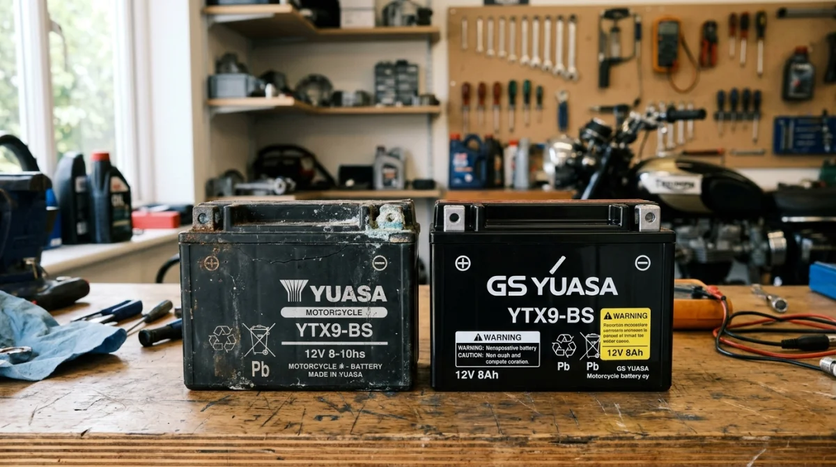 Batterie moto neuve et usée, comparant les symptômes d'une batterie HS.