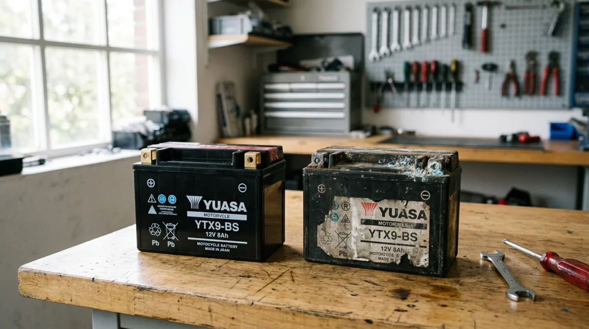 Batterie moto neuve vs batterie moto HS : comparaison visuelle des symptômes d'usure