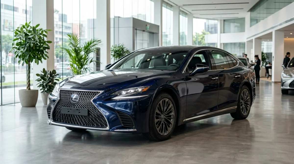 Berline japonaise de luxe bleue nuit, lignes épurées, dans un showroom moderne.