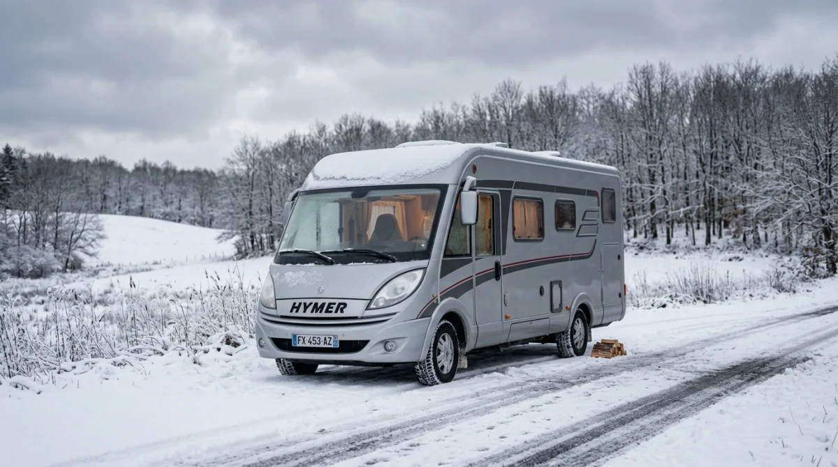 Camping-car stationné dans un paysage hivernal enneigé, prêt pour l'hivernage.