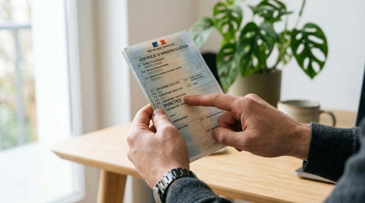 Main montrant le code moteur sur une carte grise, bureau moderne en arrière-plan