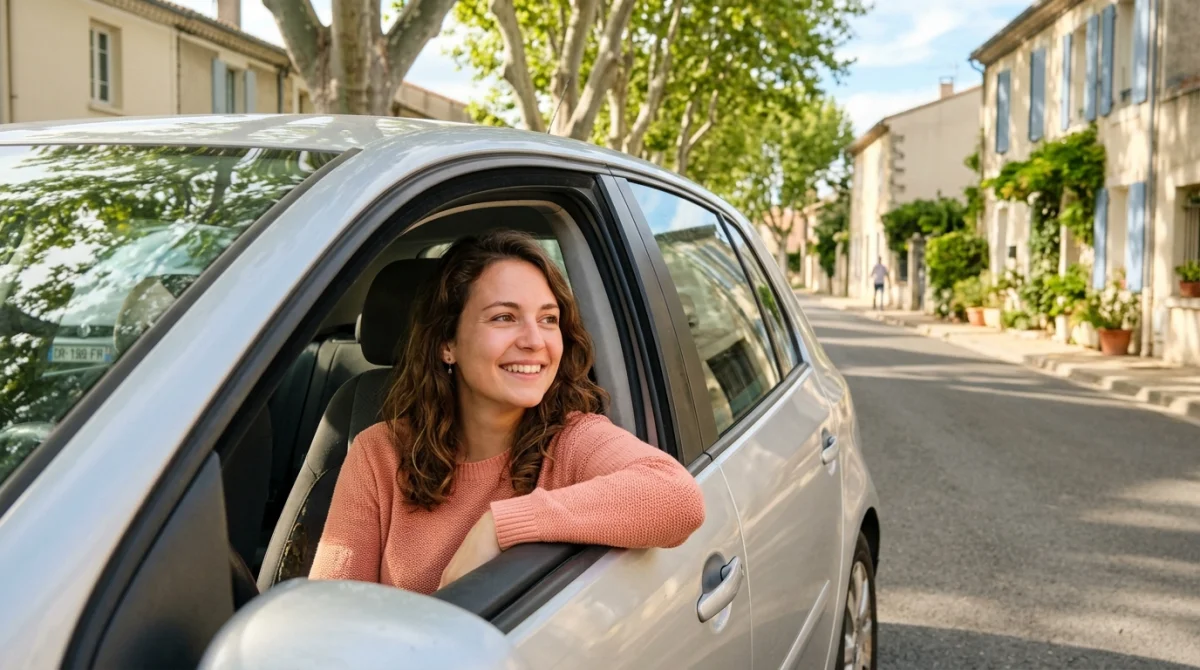 Jeune femme souriante dans une voiture compacte allemande d'occasion, rue résidentielle ensoleillée.
