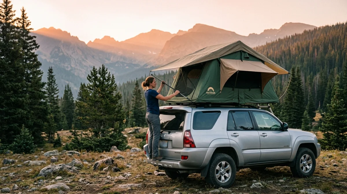 Femme montant une tente de toit Horntools sur SUV en montagne au lever du soleil