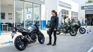 Jeune personne souriante devant une moto, prête à passer son permis moto.