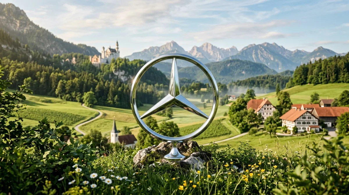 Logo emblématique de marque de voiture allemande sur fond de paysage pittoresque allemand.