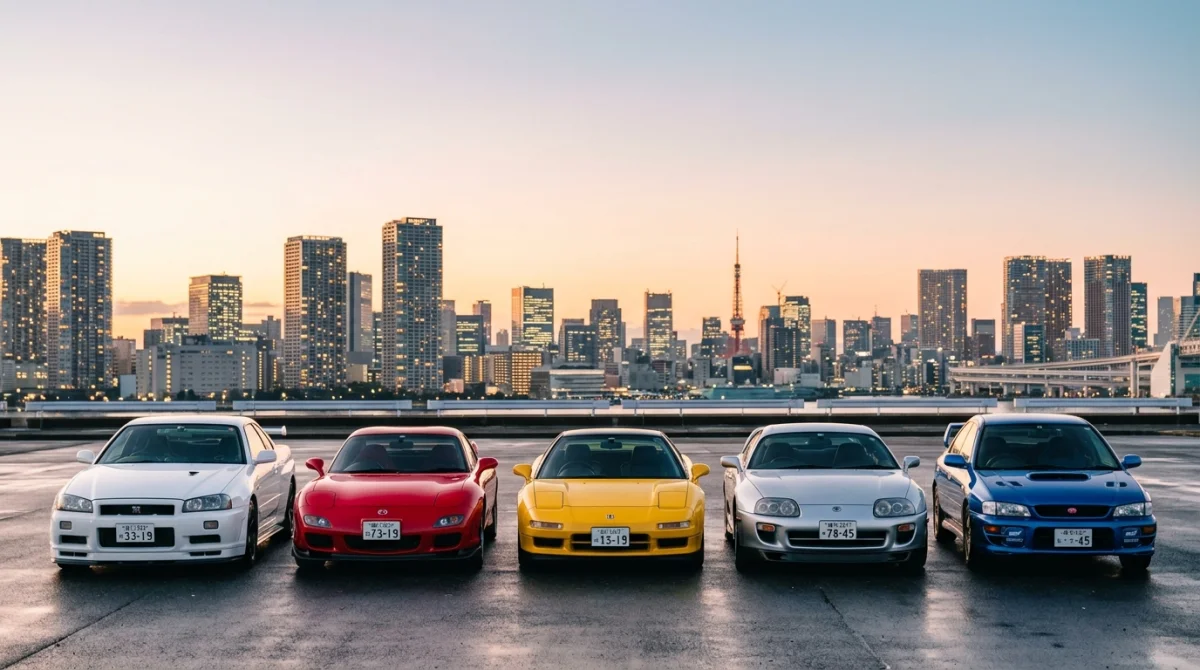Marques de voitures japonaises emblématiques alignées dans un paysage urbain moderne au lever du soleil.