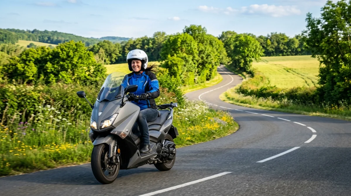 Femme souriante conduisant une moto boîte automatique sur une route de campagne ensoleillée.