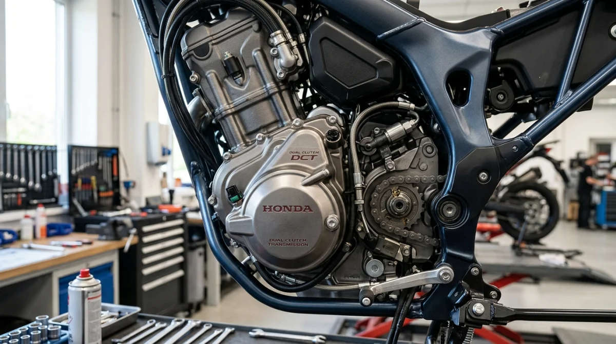 Moto moderne gros plan sur la boîte de vitesses automatique visible en atelier