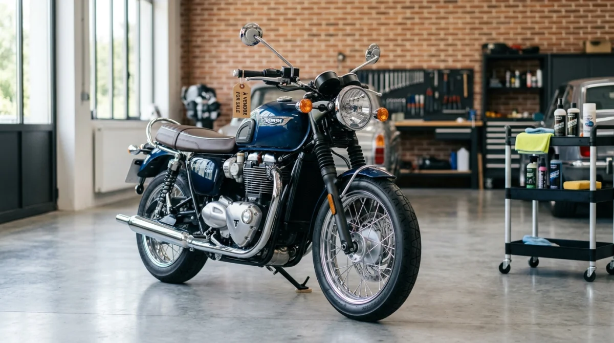 Moto propre et soignée, prête à la vente, vue de face en plan américain.