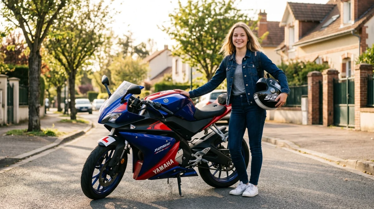 Jeune conducteur souriant avec sa moto 125 cm³, prêt pour son permis moto.