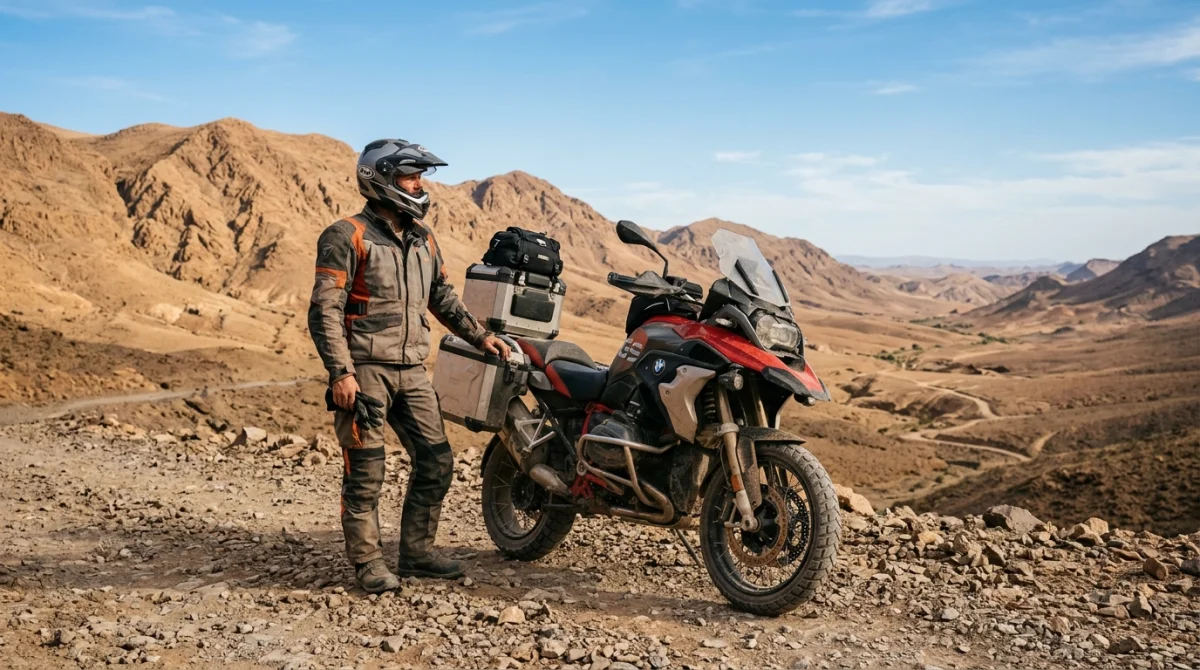 Road trip moto Maroc : motard et trail dans un paysage désertique ocre
