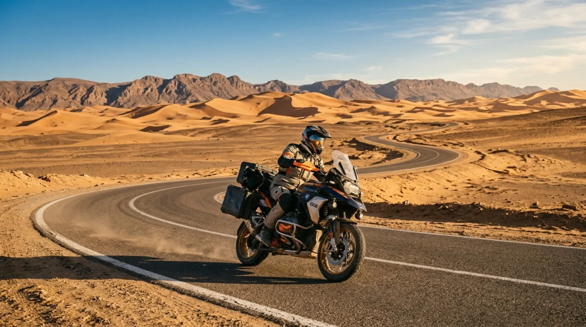 Moto sur route sinueuse dans le désert marocain au coucher du soleil