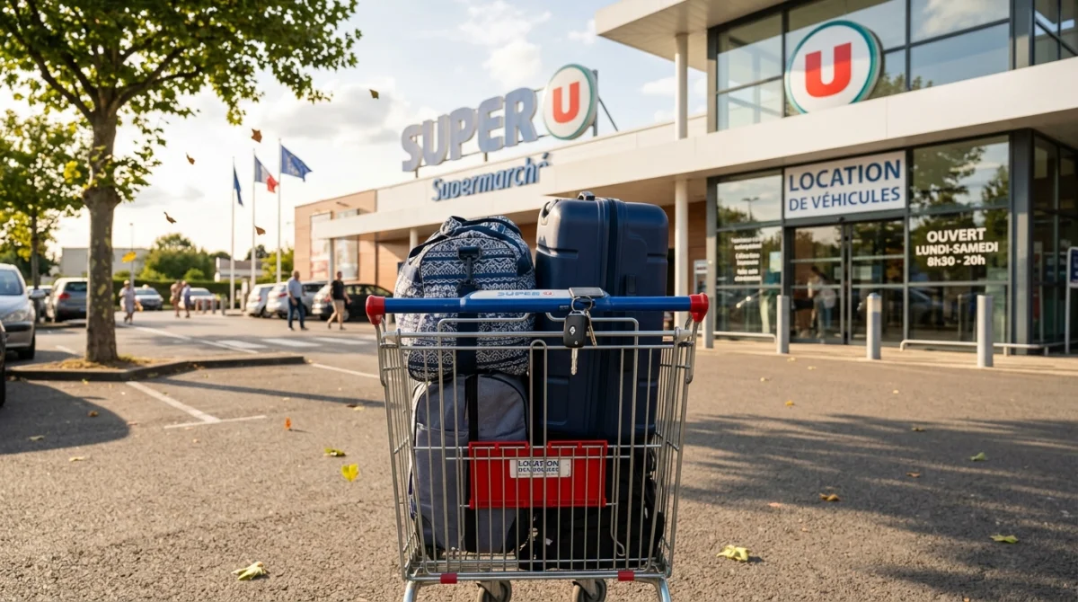 Chariot Super U rempli de bagages avec clés de voiture, devant le magasin.