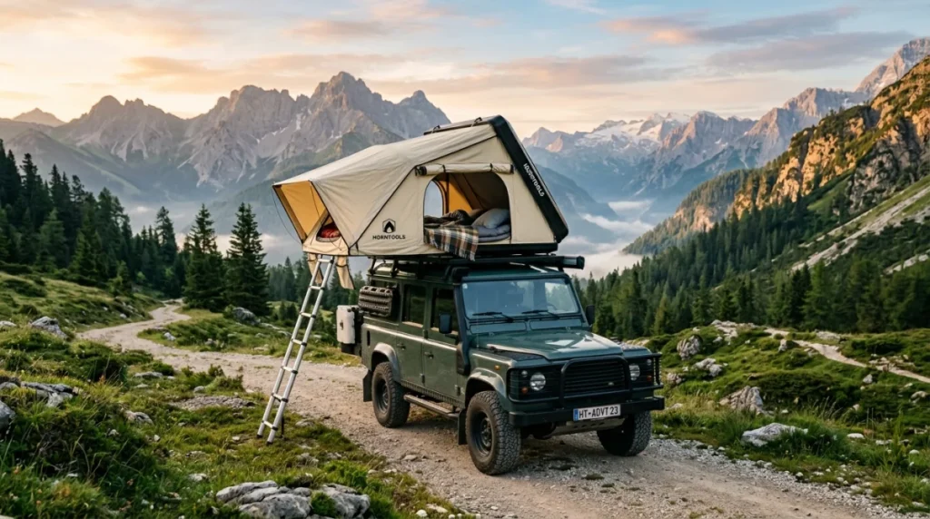 Tente de toit Horntools ouverte sur un 4x4 dans un paysage montagneux au lever du soleil.
