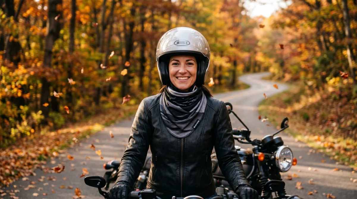 Motarde souriante en tour de cou moto femme sur route de campagne automnale.
