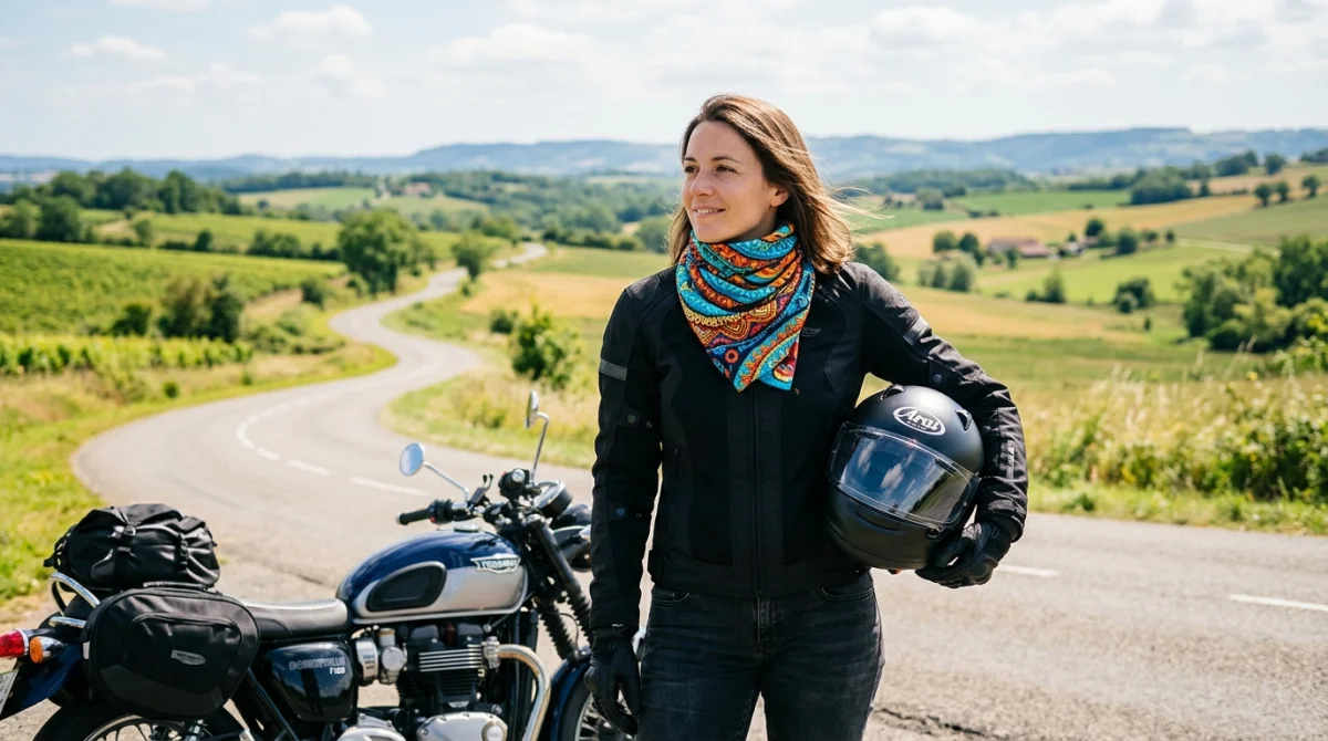 Motarde souriante portant un tour de cou coloré en pleine balade à moto.