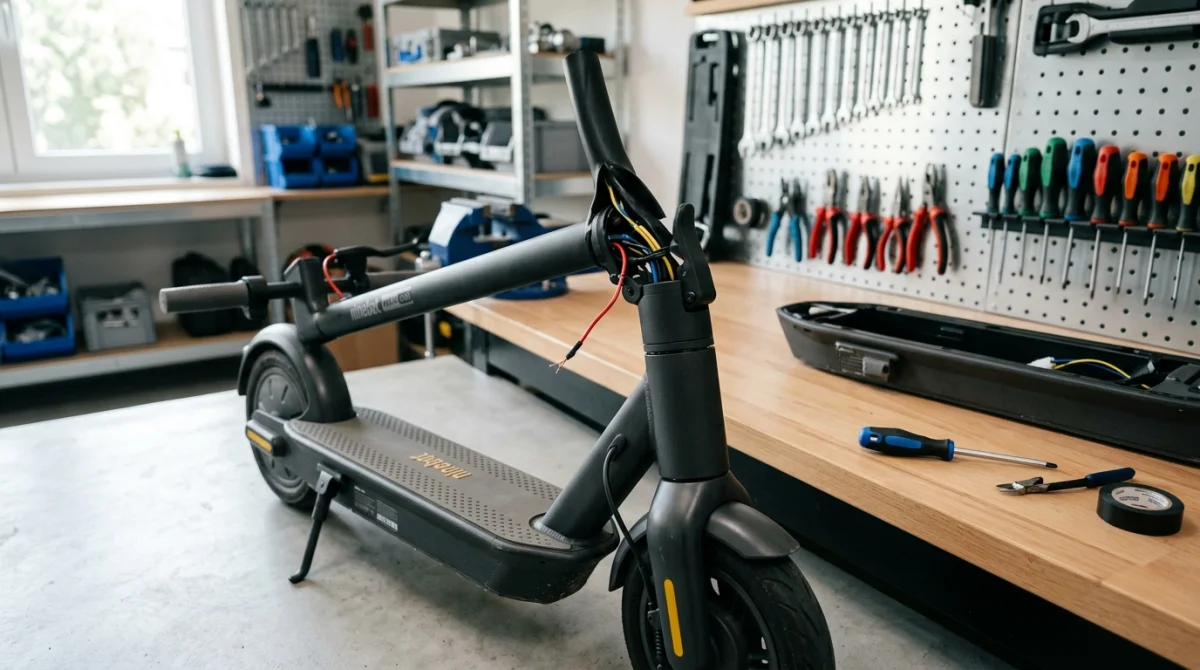 Trottinette électrique Ninebot modifiée dans un garage moderne avec outils