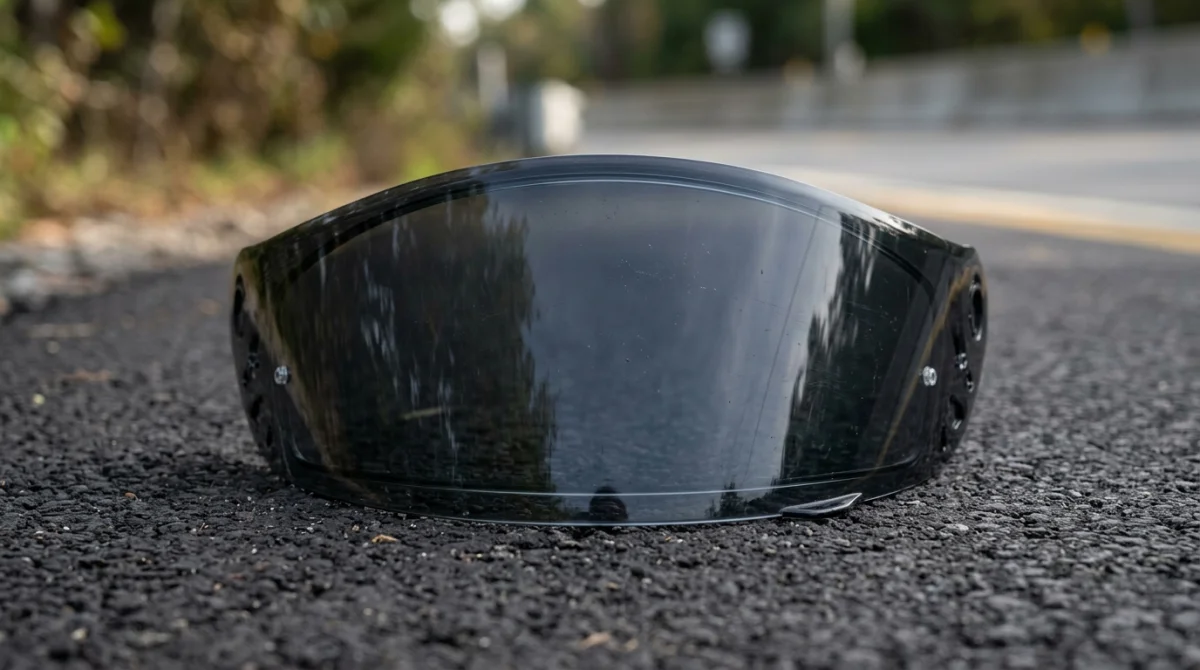 Visière de casque moto fumée, sombre et réfléchissante, symbolisant l'interdiction.