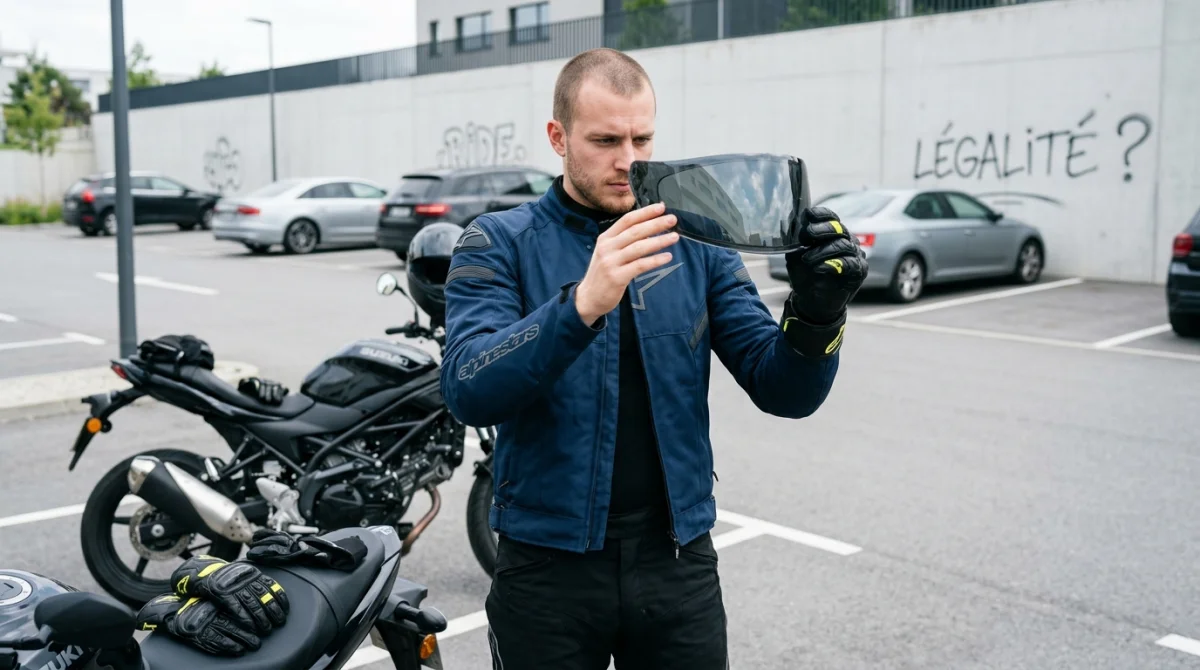 Motard inspectant sa visière fumée de moto sur un parking.