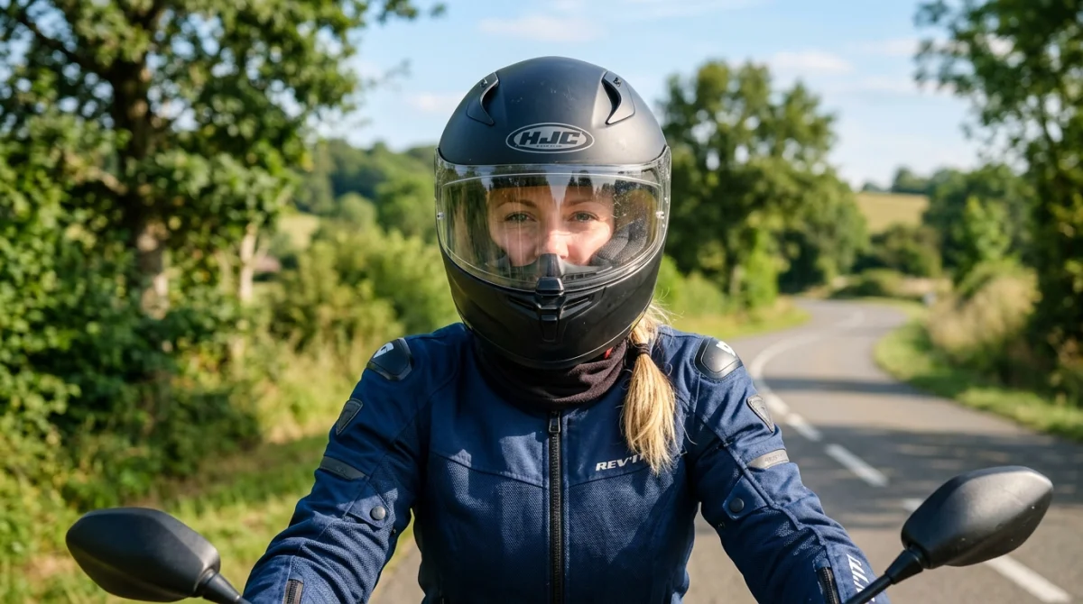 Motard avec visière teintée casque moto sur route ensoleillée