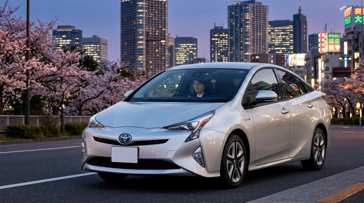 Voiture hybride japonaise argentée élégante dans un paysage urbain au crépuscule