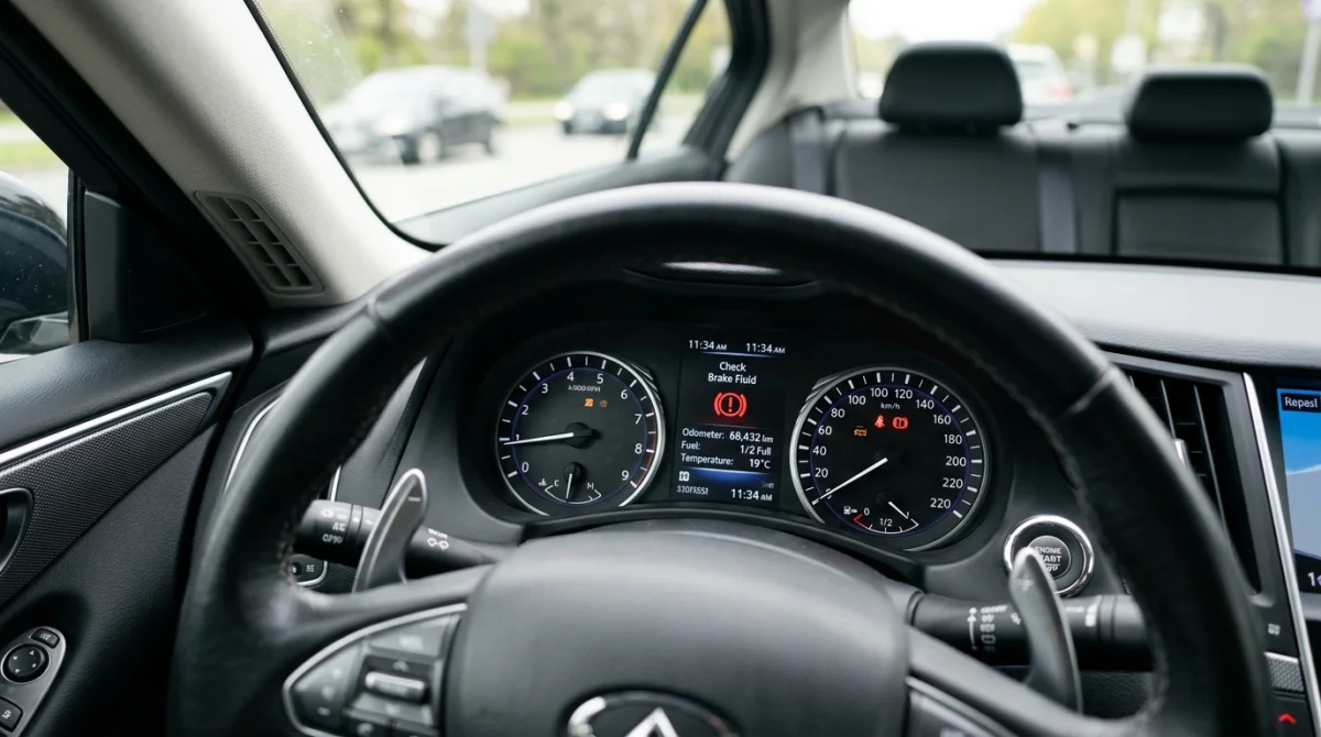Tableau de bord voiture : voyant liquide de frein allumé, alerte de sécurité essentielle