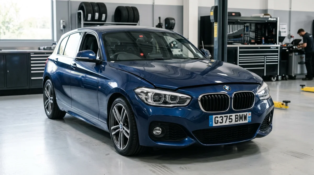 BMW Série 1 bleu nuit en garage, suggérant un problème mécanique potentiel