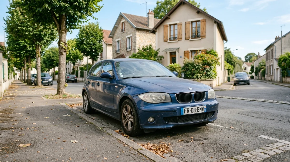 BMW Série 1 usagée, bleu, garée dans une rue résidentielle calme.