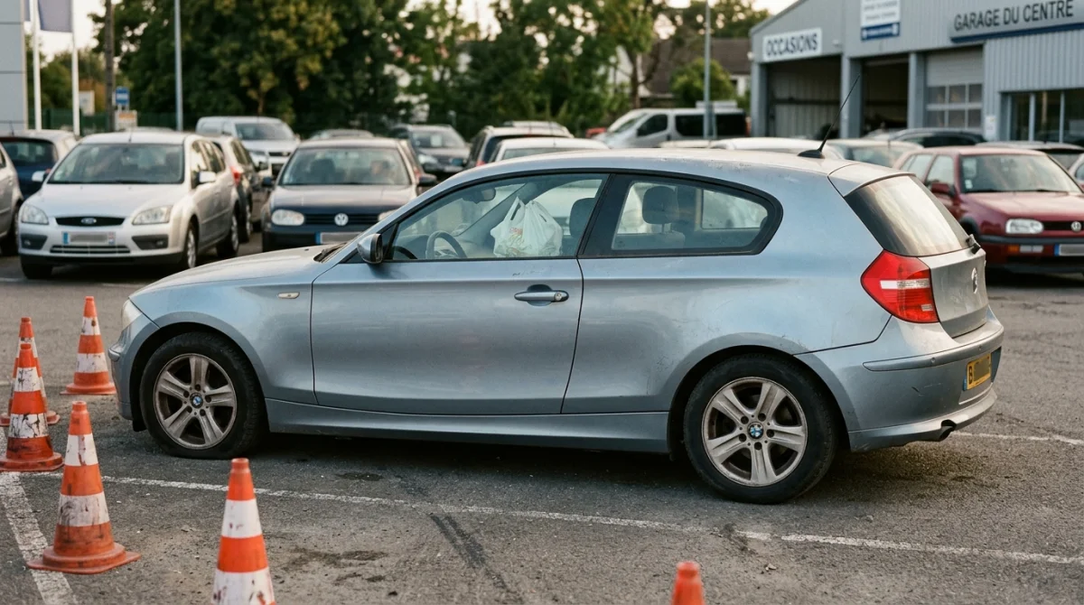 BMW Série 1 modèle à éviter : profil d'une voiture d'occasion sur parking de concessionnaire