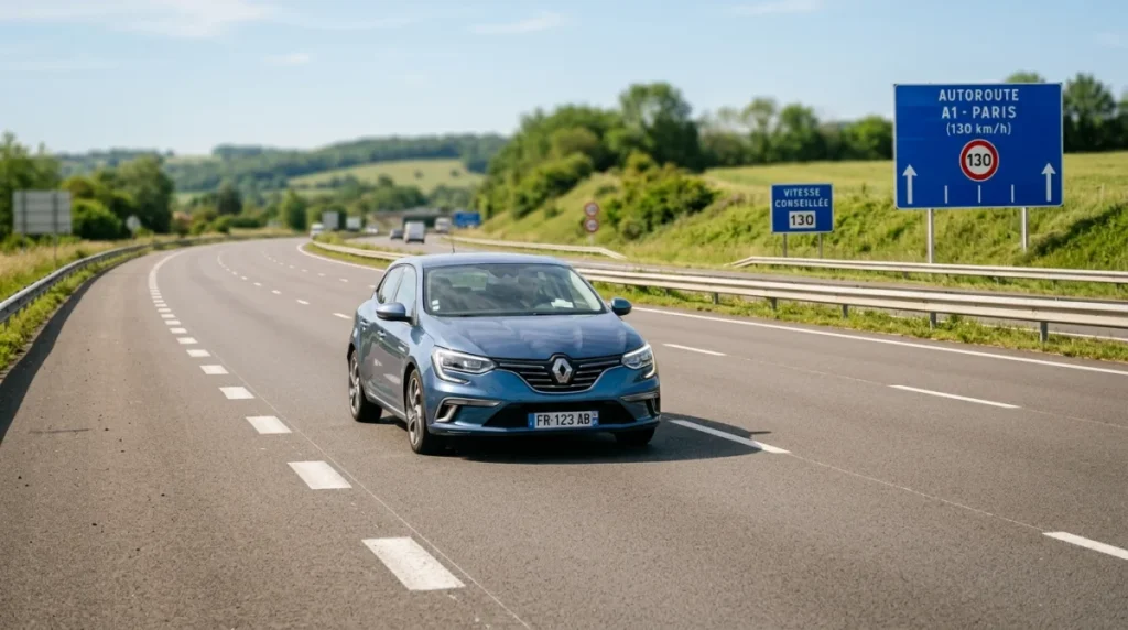 Voiture sur voie de gauche d'autoroute française dégagée, respectant la vitesse minimum.