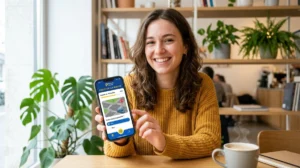 Jeune femme souriante révisant le code de la route sur smartphone dans un café moderne, Stych auto école.