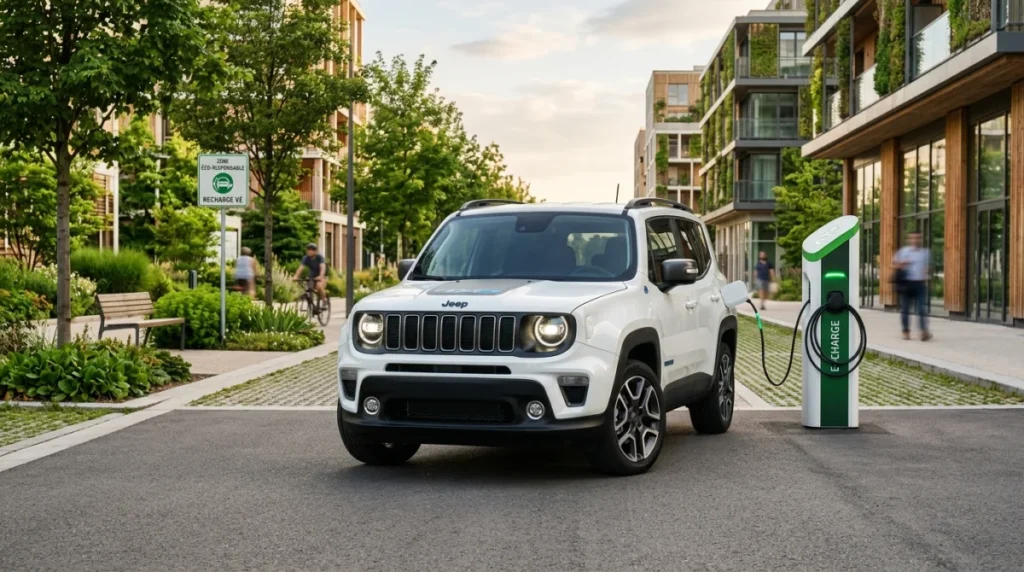 Jeep Renegade hybride moderne garée dans un environnement urbain éco-responsable, idéal pour un avis sur Jeep Renegade.