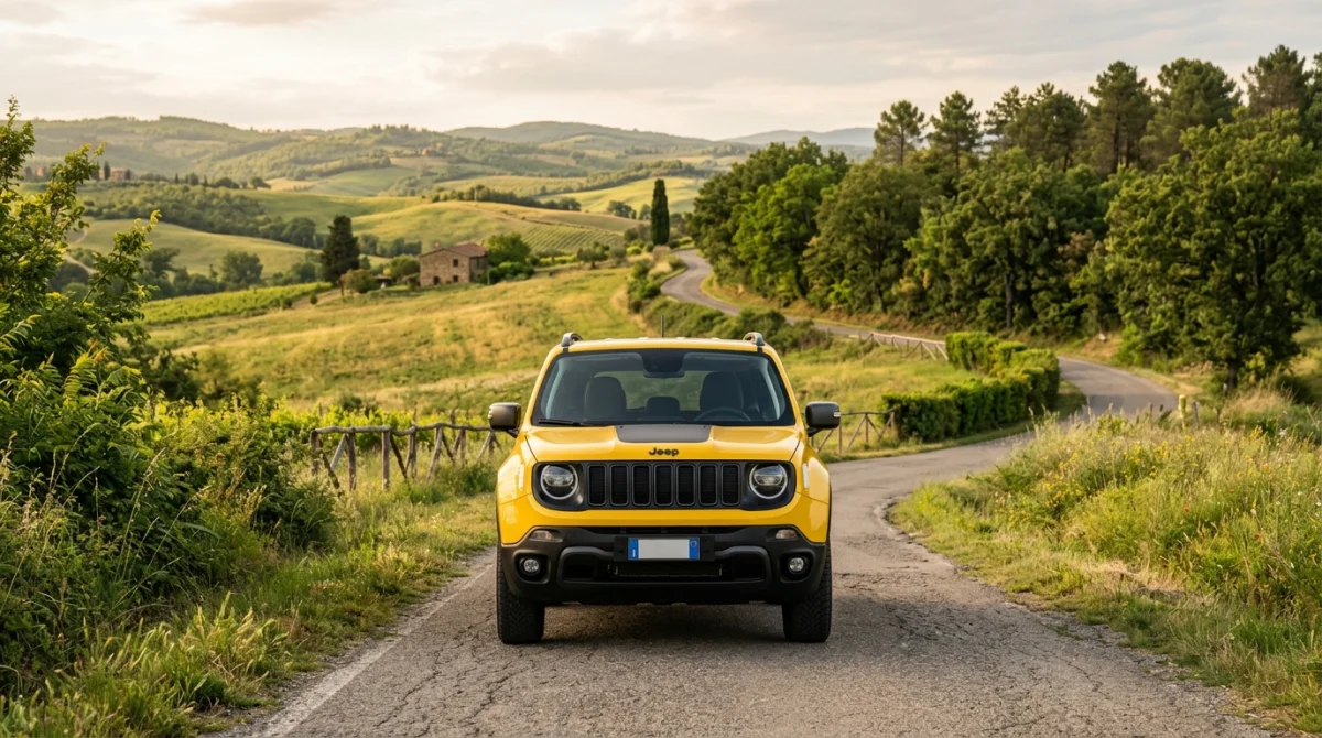 Jeep Renegade jaune stationnée sur une route de campagne entourée de collines verdoyantes pour notre avis sur Jeep Renegade.