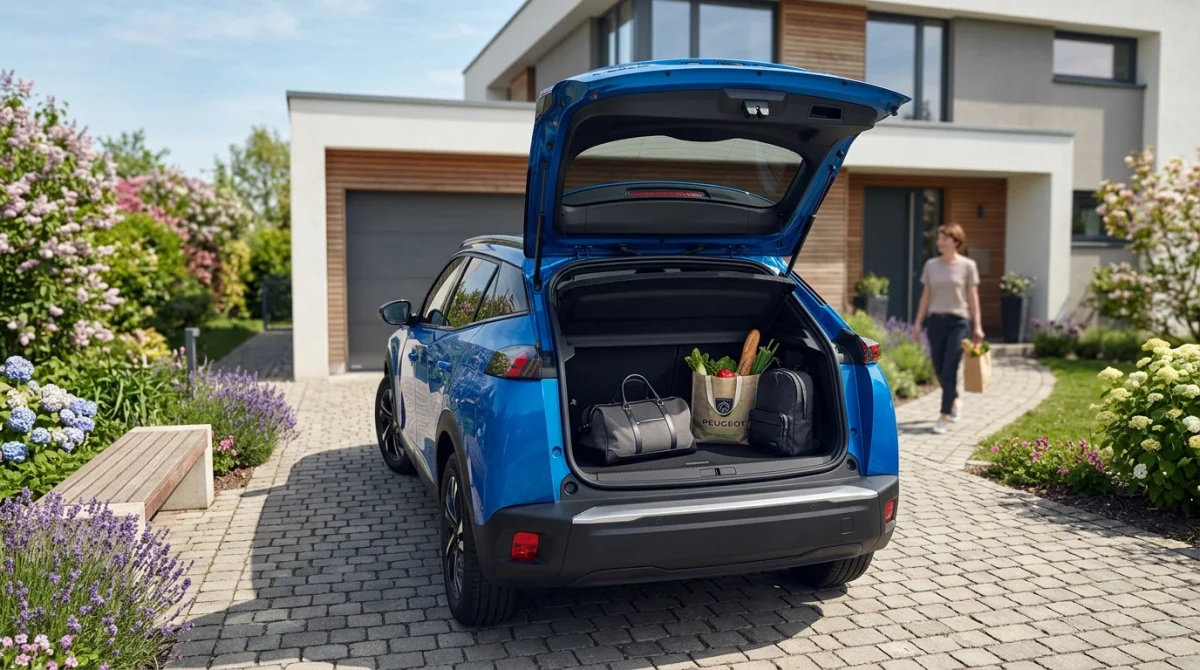 Peugeot 2008 bleu électrique avec coffre spacieux ouvert devant une maison moderne, idéal pour notre avis sur Peugeot 2008.