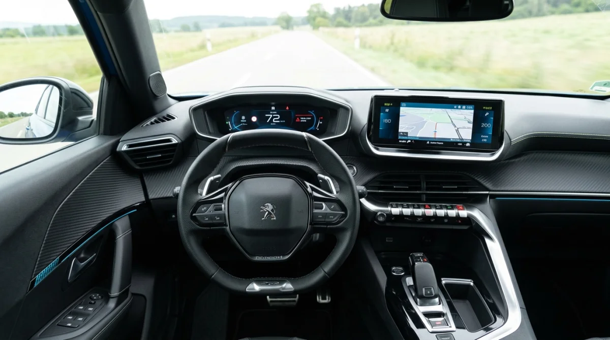 Poste de conduite moderne i-Cockpit du Peugeot 2008 avec volant compact et écran tactile, idéal pour notre avis.