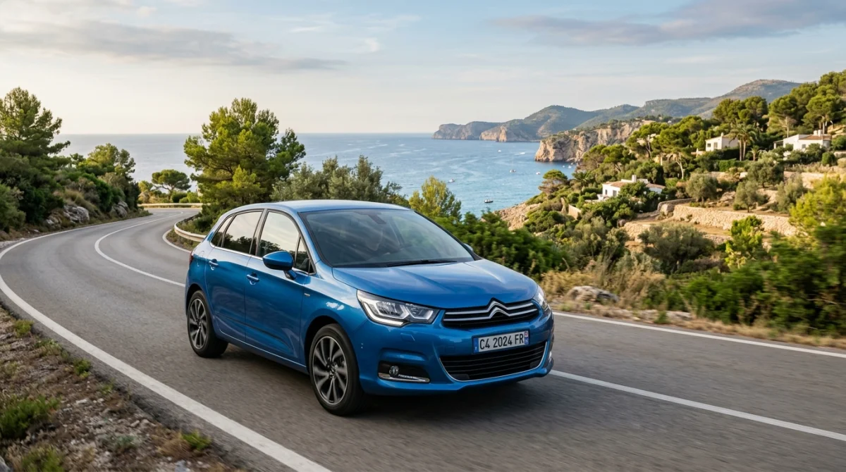 Citroën C4 PureTech 155 élégante vue de trois-quarts sur une route côtière pour notre avis détaillé.