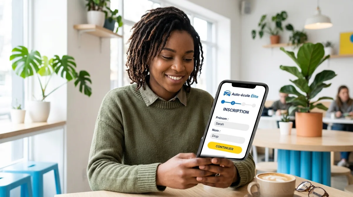 Jeune femme souriante utilisant l'application mobile Stych auto-école dans un café moderne et lumineux.
