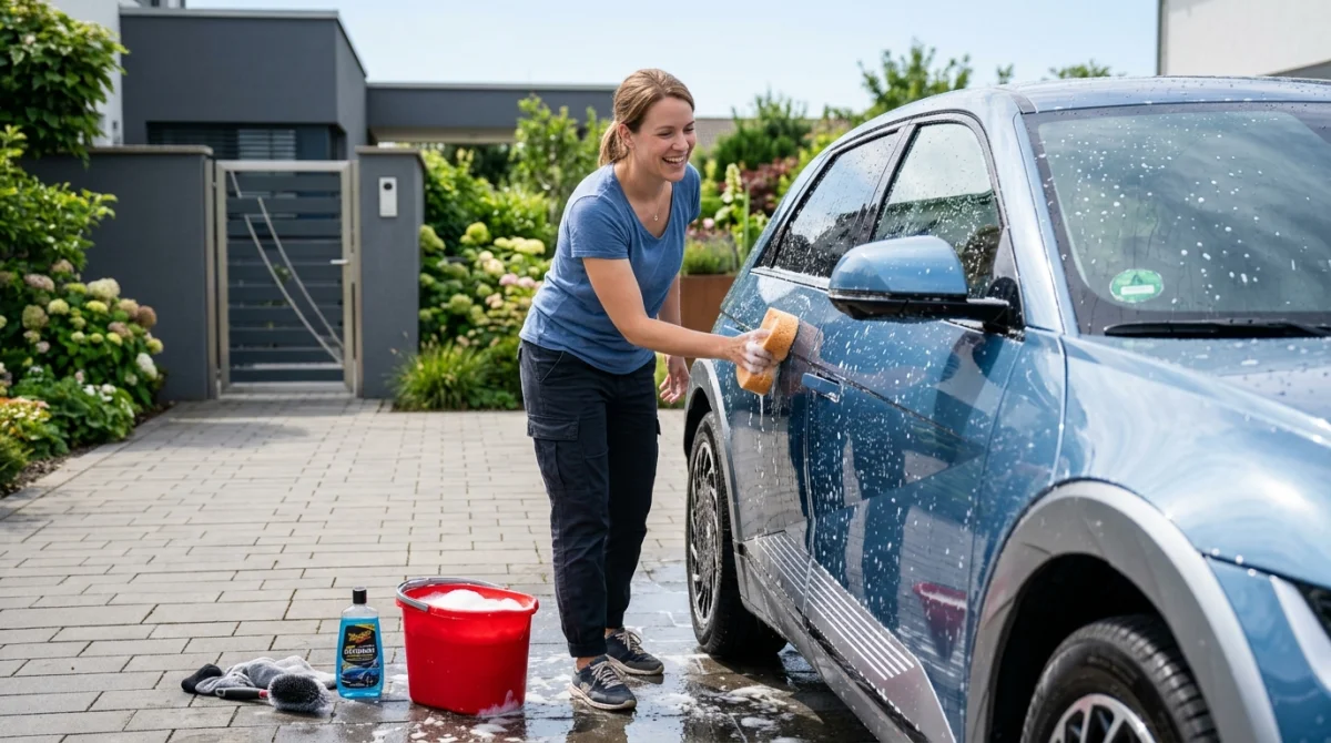 Personne souriante lavant soigneusement sa voiture propre à l'éponge dans une allée résidentielle pour illustrer l'entretien automobile.