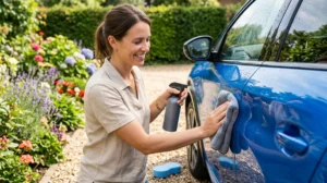 Personne nettoyant délicatement la carrosserie d'une voiture dans son jardin pour illustrer comment laver sa voiture chez soi.