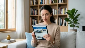 Personne concentrée lisant le magazine Auto Hebdo sur une tablette numérique dans un salon moderne et lumineux.