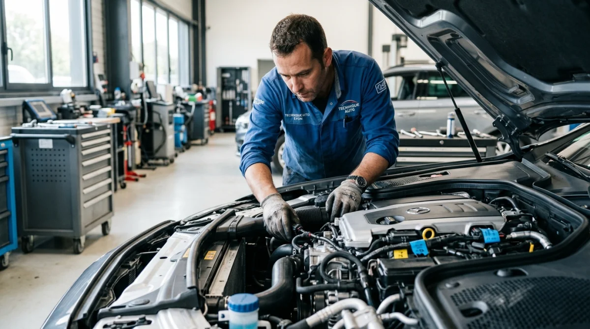 Mécanicien professionnel inspectant le moteur d'une voiture moderne pour diagnostiquer un défaut moteur dans un garage automobile.