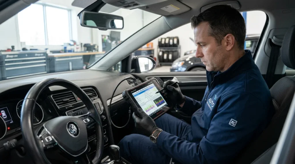 Mécanicien utilisant une valise de diagnostic électronique pour réparer un défaut moteur sur un véhicule moderne.