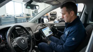 Mécanicien utilisant une valise de diagnostic électronique pour réparer un défaut moteur sur un véhicule moderne.