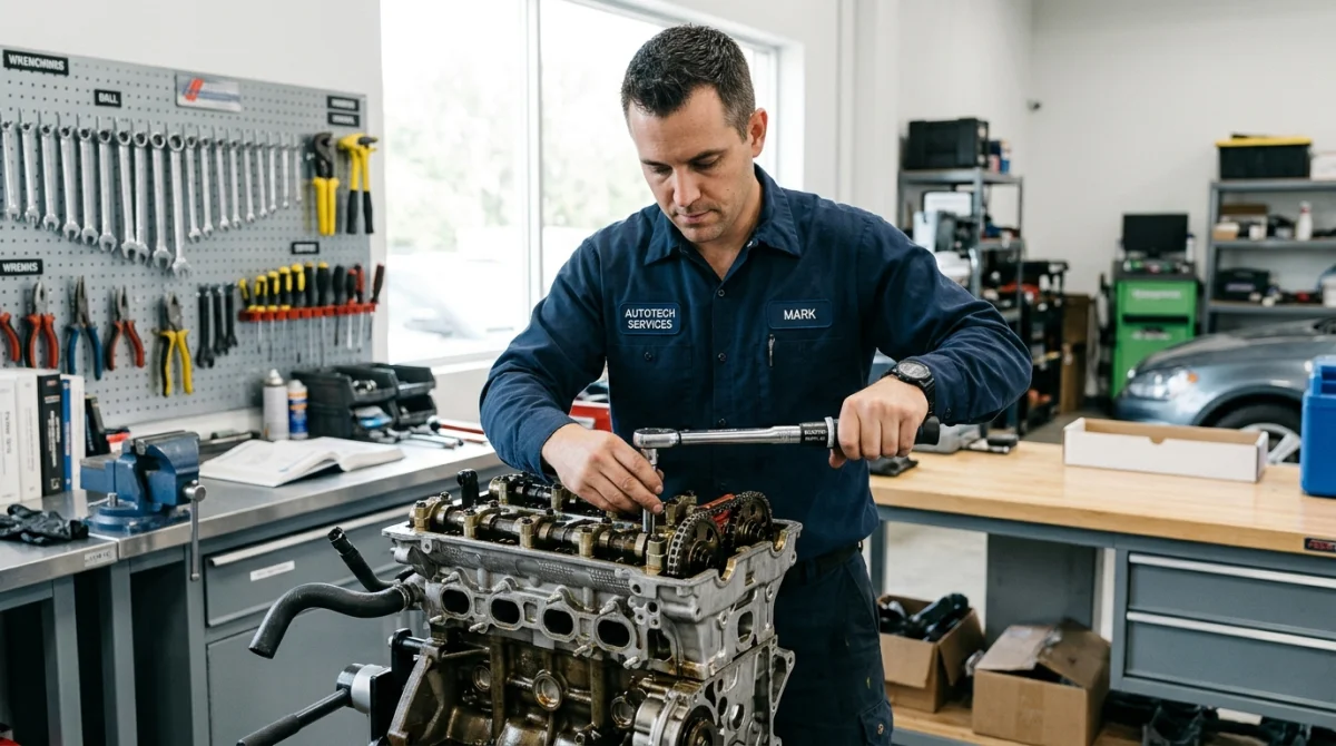 Mécanicien professionnel inspectant un bloc moteur pour évaluer la durée de vie du moteur 1.2 Puretech 110.