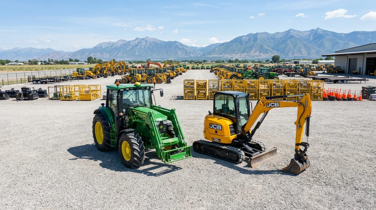 Tracteur agricole et pelleteuse professionnelle exposés sur le parc matériel Mercier Auto sous un ciel bleu dégagé.