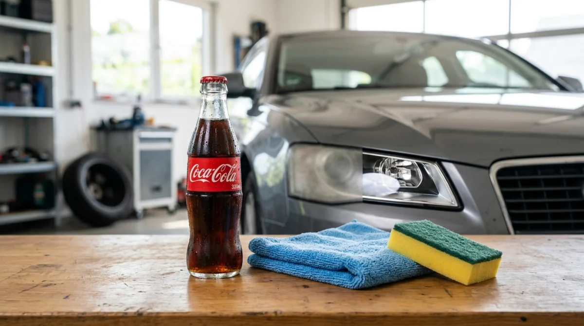 Bouteille de Coca-Cola, chiffon et éponge pour nettoyer ses phares avec du coca cola dans un garage.