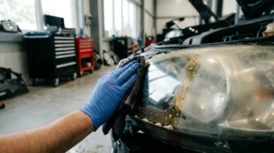 Main gantée nettoyant un phare de voiture terni avec un chiffon imbibé de Coca-Cola dans un garage.