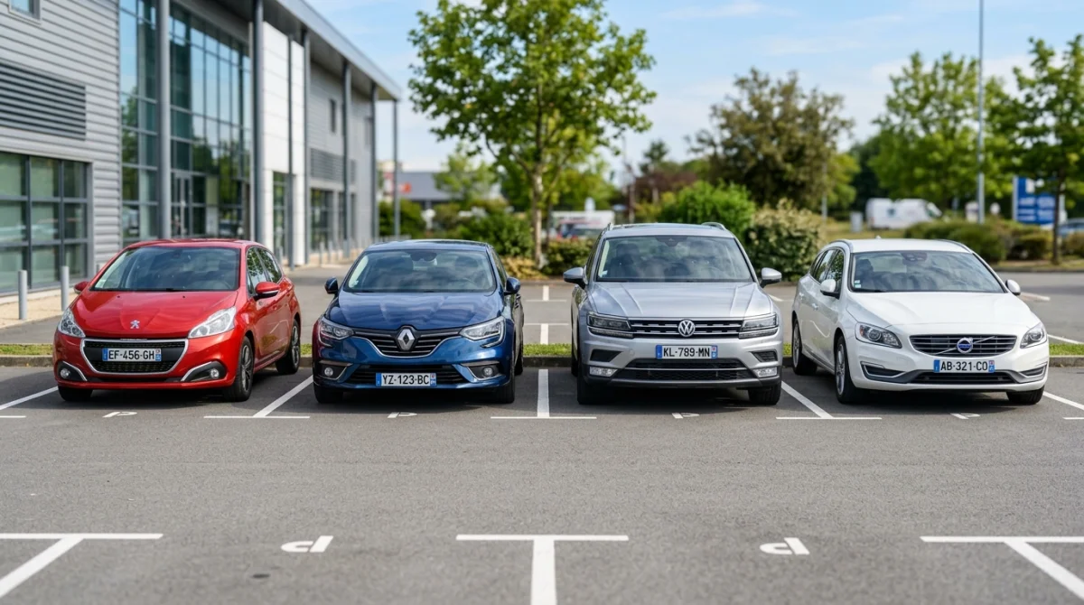 Vue frontale d'un parking auto moderne et propre avec des voitures variées stationnées sur des emplacements délimités.