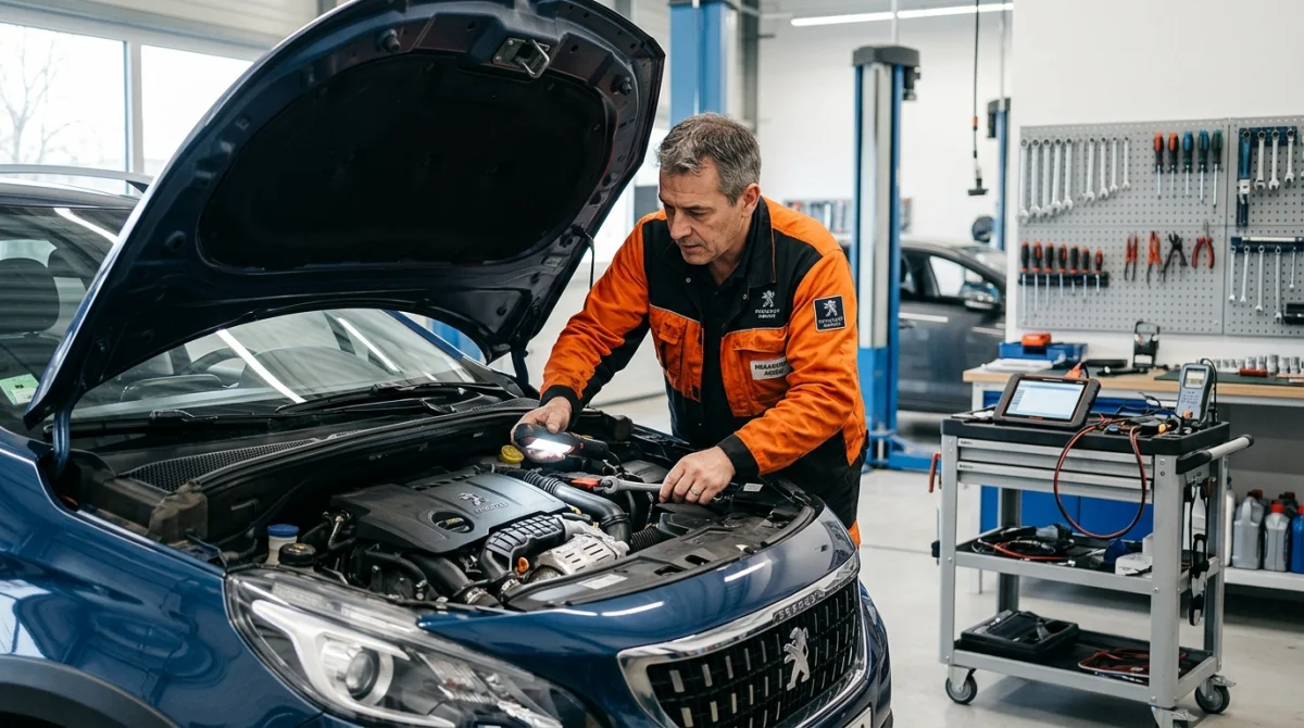 Mécanicien expert inspectant le moteur d'une Peugeot 2008 dans un garage professionnel pour identifier les modèles à éviter.